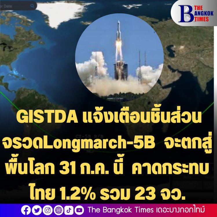 GISTDA แจ้งเตือนชิ้นส่วนจรวดLongmarch-5B  จะตกสู่พื้นโลกในวันอาทิตย์ที่ 31 ก.ค. นี้  คาดกระทบไทย 1.2% รวม 23 จว.