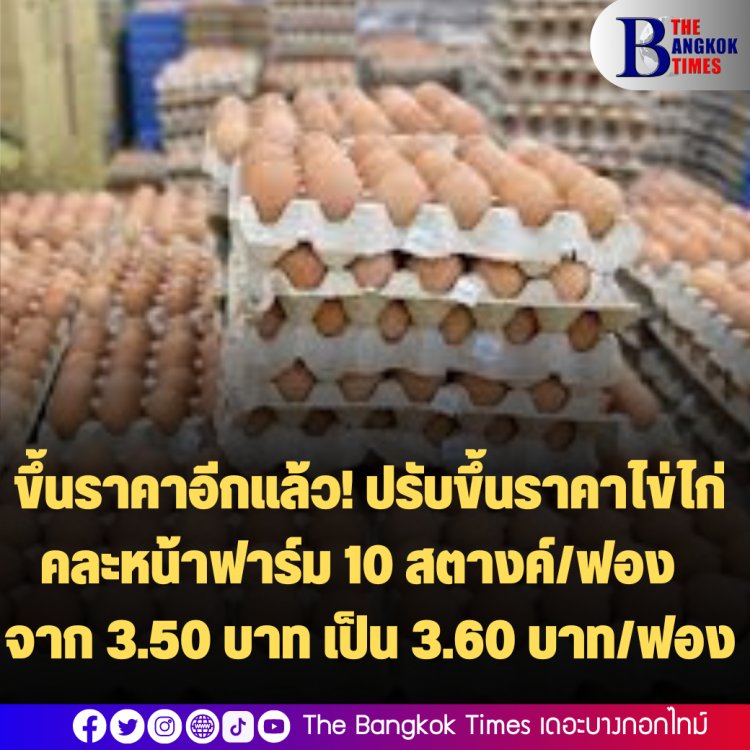 ขึ้นราคาอีกแล้ว! ปรับขึ้นราคาไข่ไก่คละหน้าฟาร์ม 10 สตางค์/ฟอง หรือ 3 บาท/แผง (30 ฟอง) จาก 3.50 บาท เป็น 3.60 บาท/ฟอง