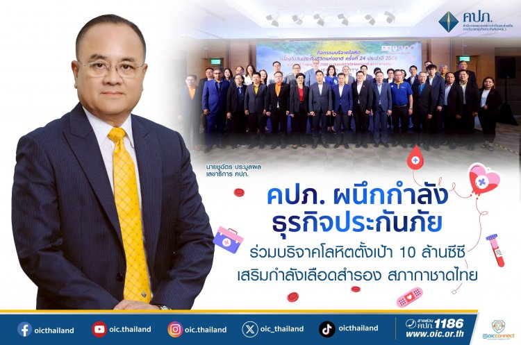 คปภ. ผนึกกำลังธุรกิจประกันภัย ร่วมบริจาคโลหิต ตั้งเป้า 10 ล้านซีซี เสริมกำลังเลือดสำรอง สภากาชาดไทย