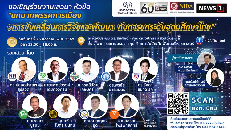 "นิด้า" จัดเสวนาใหญ่ดึง 9 พรรคการเมือง ร่วมกำหนดทิศทาง “วิจัย-อุดมศึกษาไทย” 26 มกราคมนี้