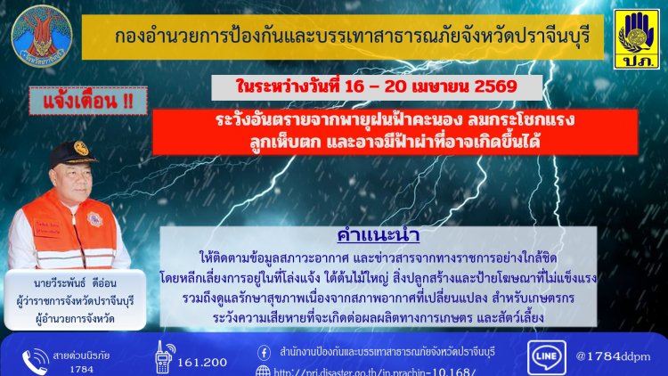ผู้ว่าฯ ปราจีนฯ สั่งรับมือพายุฤดูร้อนถล่มหลังกบินทร์บุรีเจอกระหน่ำอ่วมหนัก